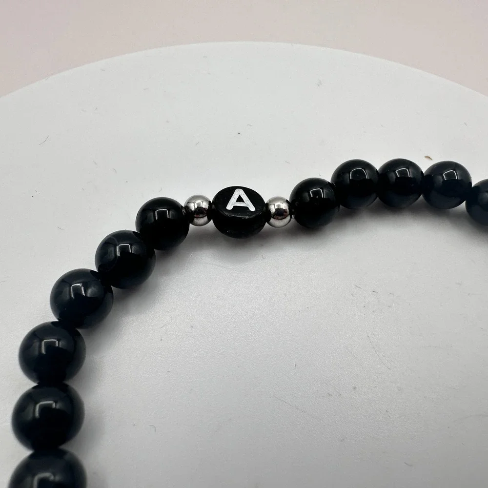 Vintage 90s Silver-Tone A Initial Black Beaded Stretch Bracelet Classic Jewelry
